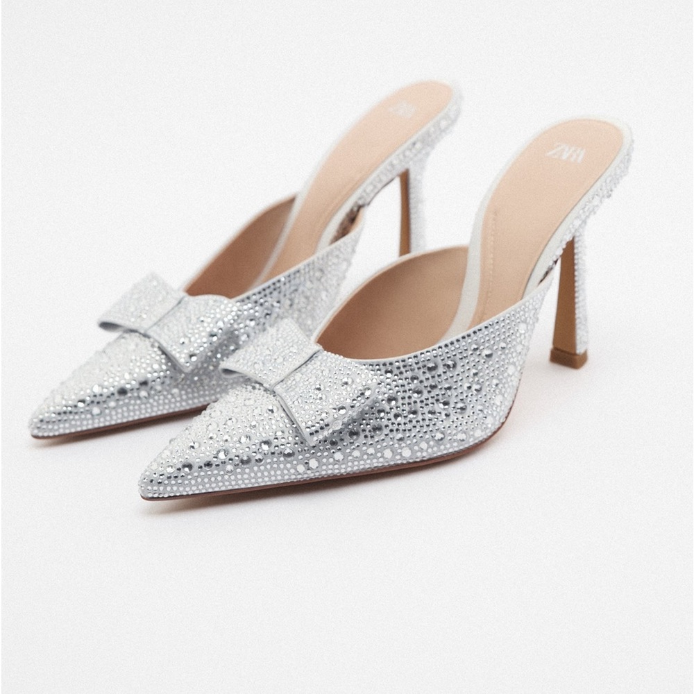 Zara shiny rhinestones crystals heeled mules with bow